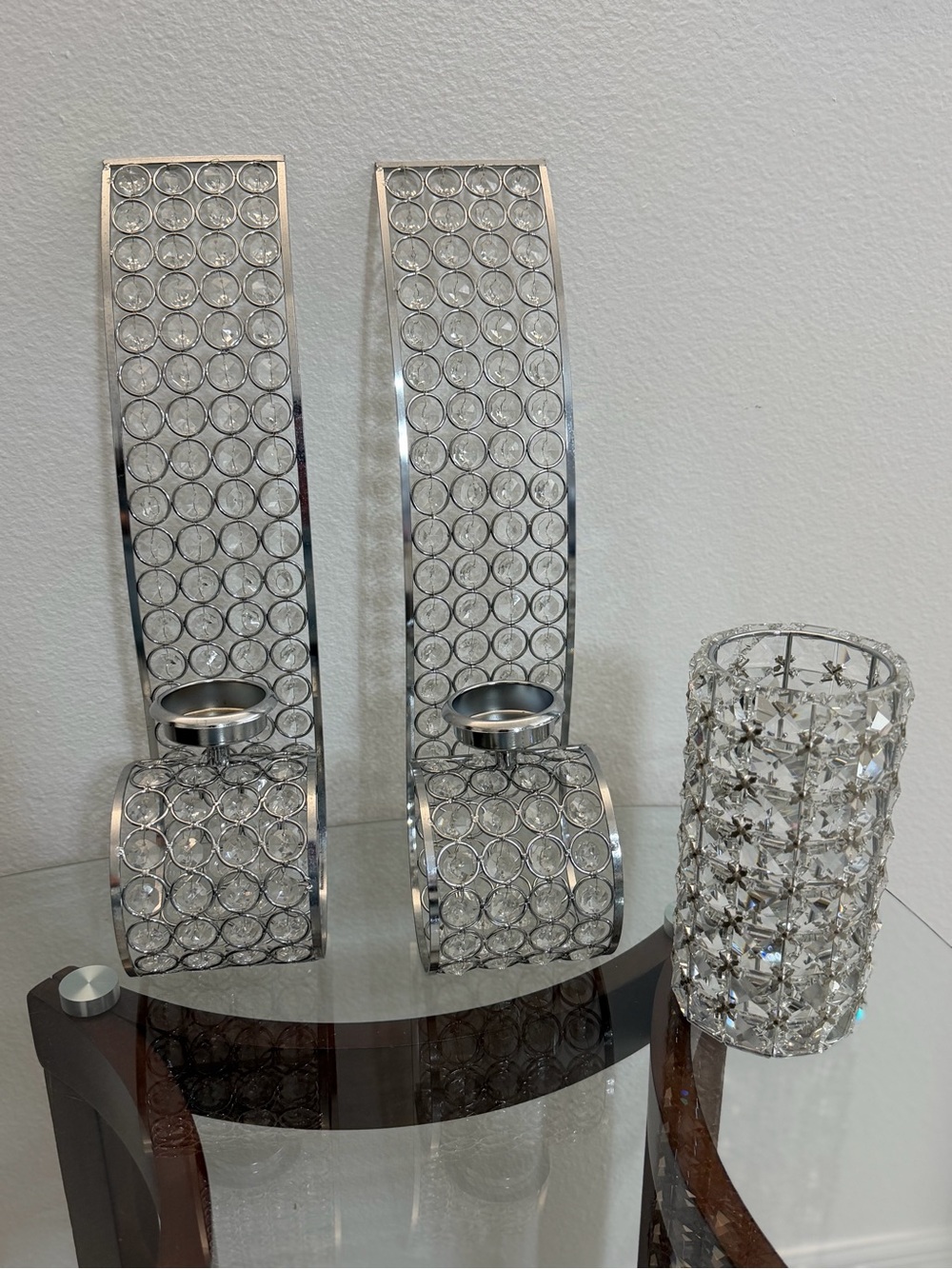 Source Unknown Silver Crystal Accent Candle Holders Set